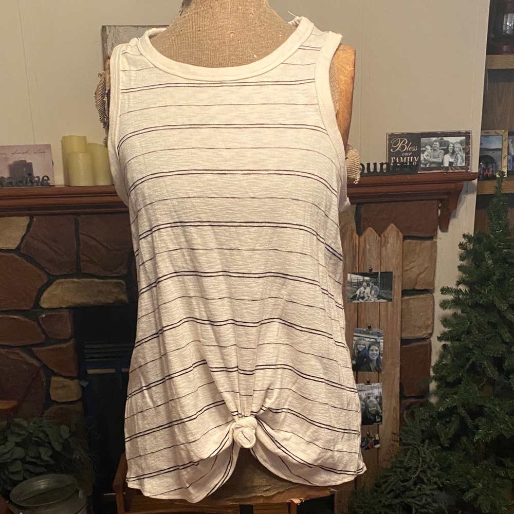 Time and Tru White and Black Striped Knot-Front Tank Top